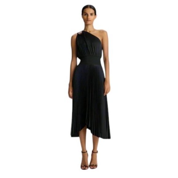 A.L.C. Dresses & Skirts - A.L.C Ruby Black Satin One Shoulder Asymmetrical Pleated Dress Womens 10